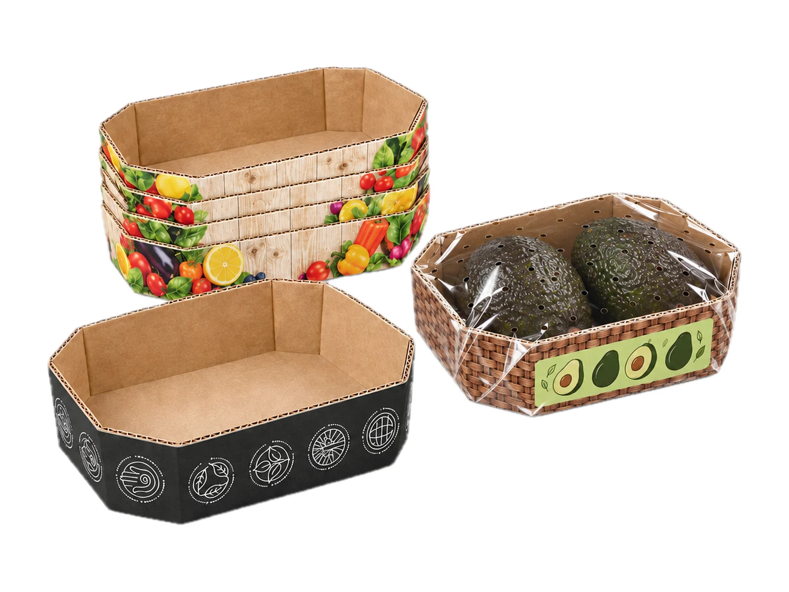 Лотки Chili Pack из микрогофрокартона в трёх дизайнах, с авокадо в перфорированной плёнке