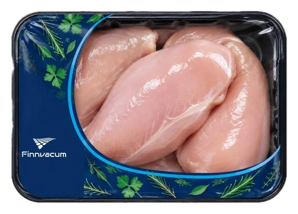 Лоток с куриным филе под плёнкой с печатью