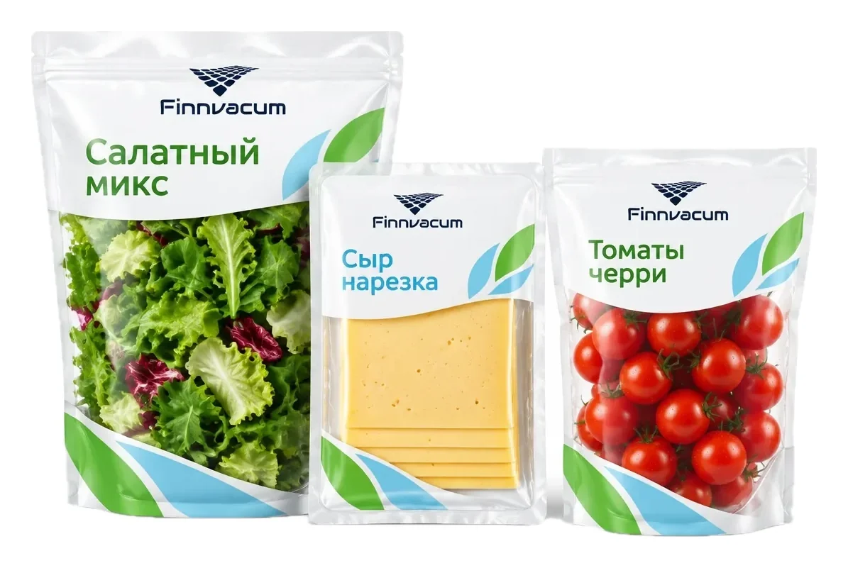 Салат, сыр и томаты в упаковке с печатью