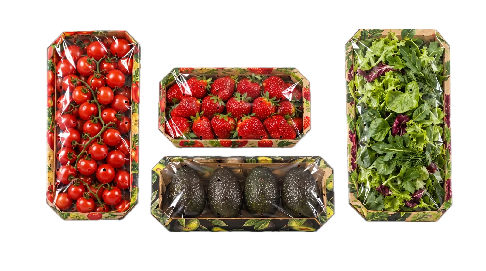 Лотки Chili Pack из микрогофрокартона в трёх дизайнах, с авокадо в перфорированной плёнке
